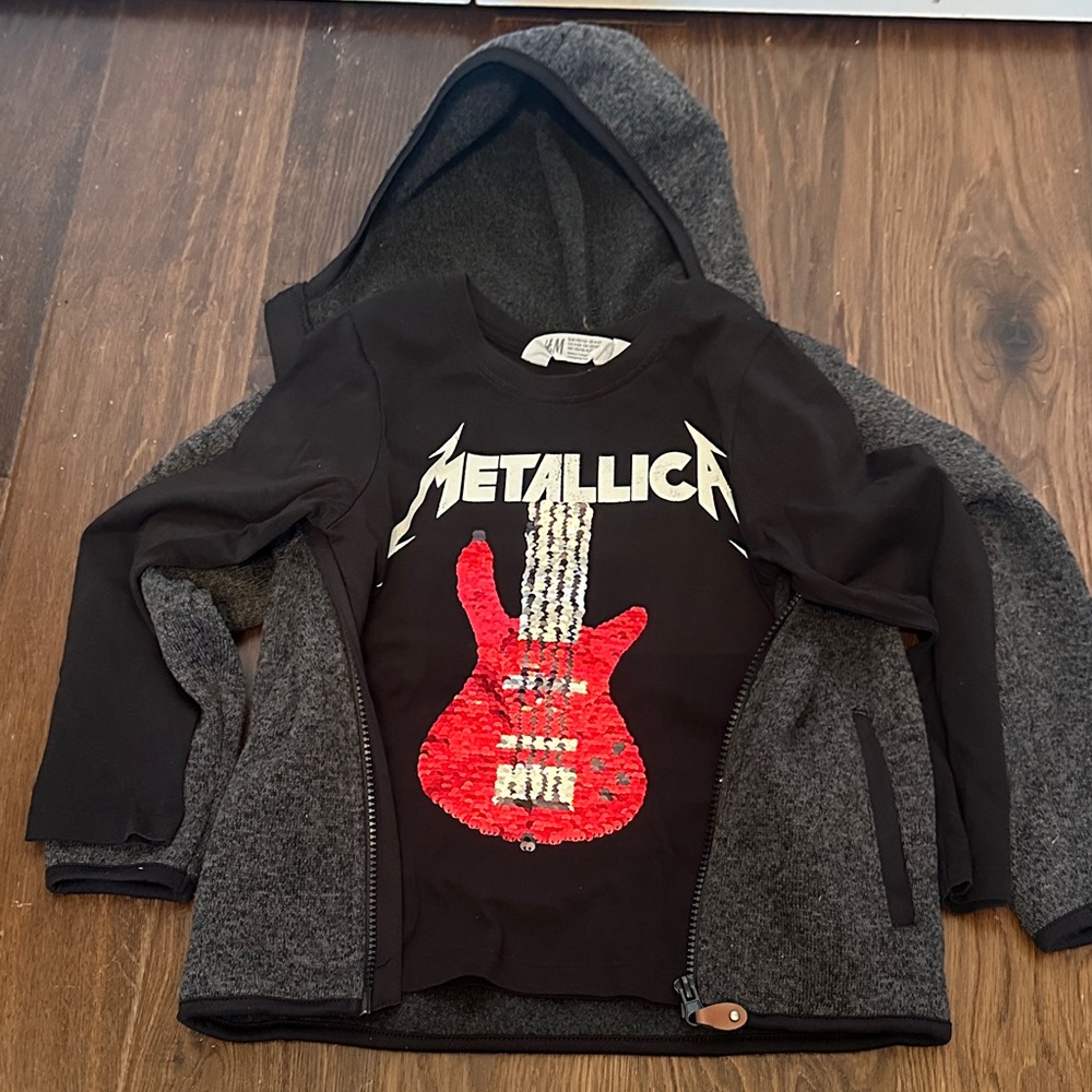 H&M 2-piece Set. Sequin Metallica Long Sleeve Tee and Warm fitted zip hoodie.